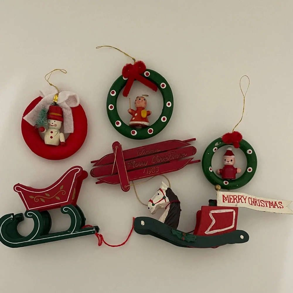 Vintage 1970s/1980s Wood Christmas Ornament Lot Kid Theme